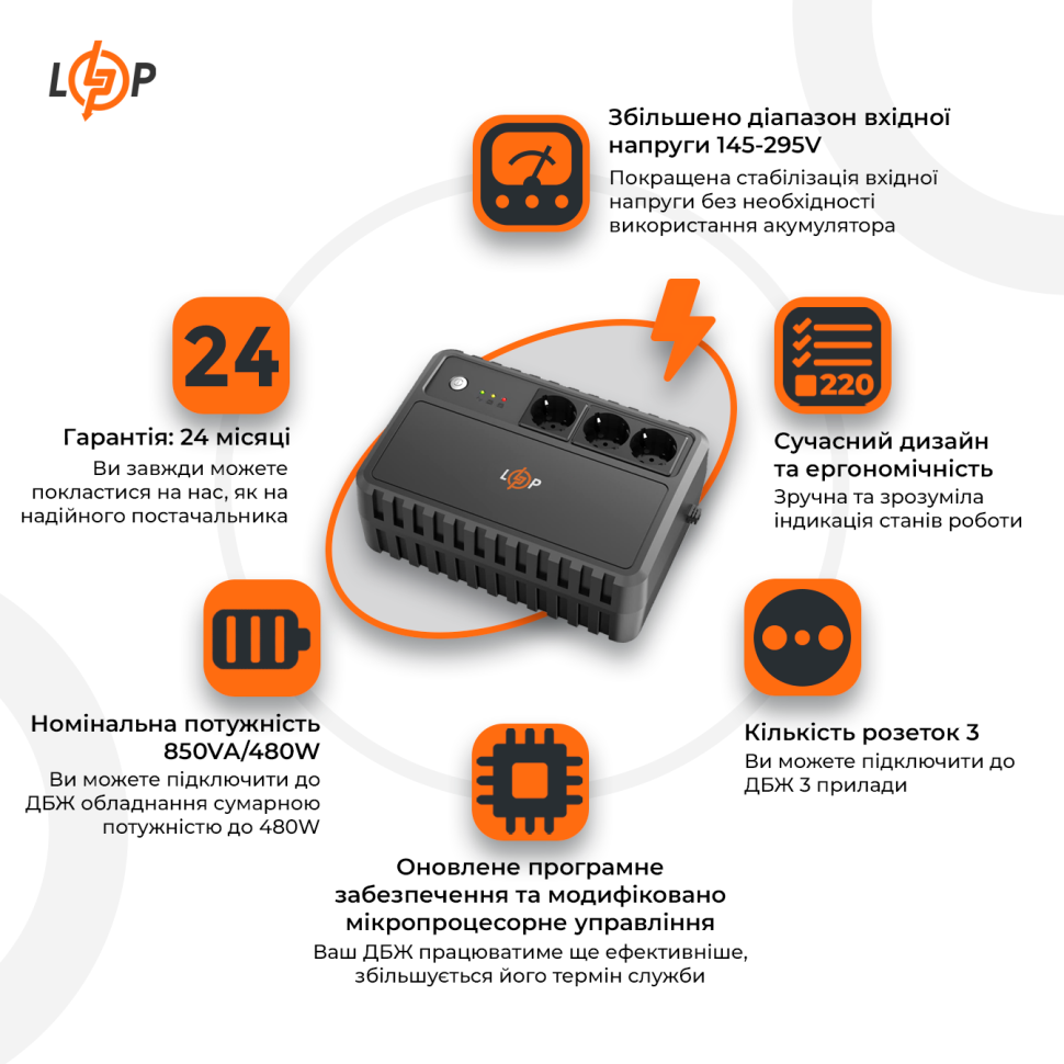 Линейно-интерактивный ИБП LP-850VA-3PS (480Вт) Линейно-интерактивный ИБП LP-850VA-3PS (480Вт)