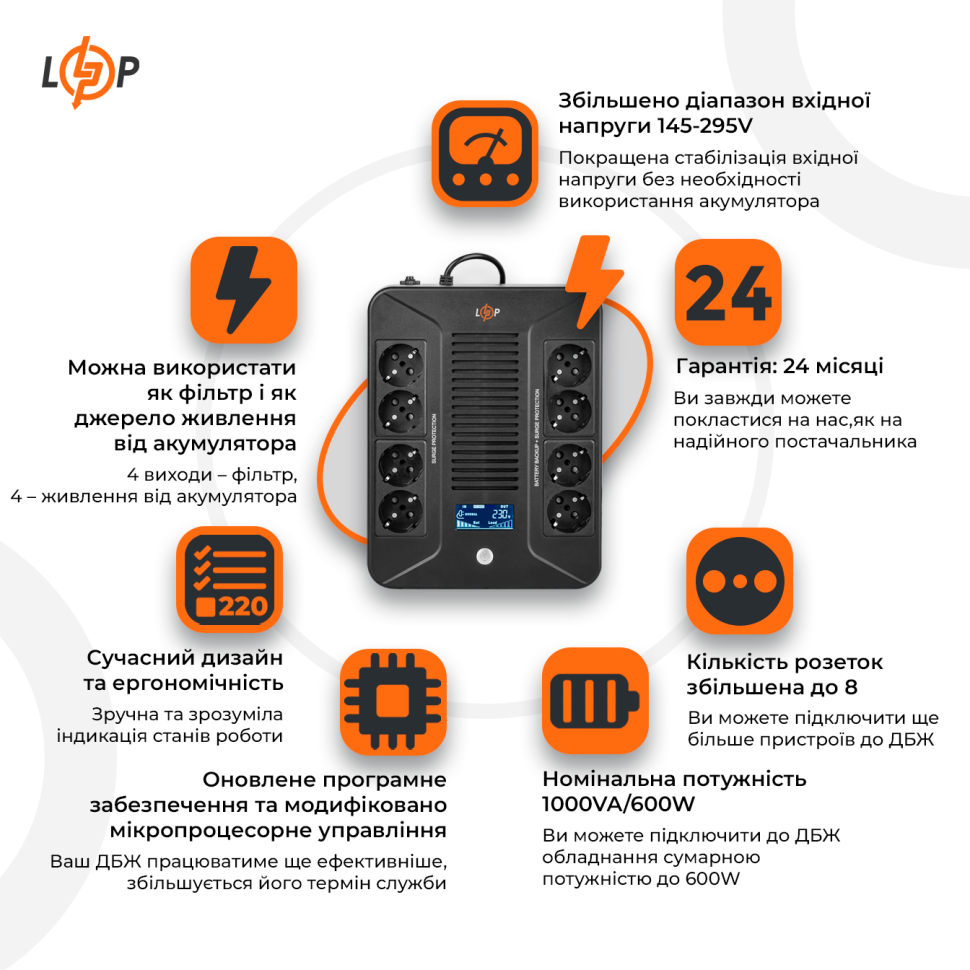 Линейно-интерактивный ИБП LP-1000VA-8PS (600Вт) Линейно-интерактивный ИБП LP-1000VA-8PS (600Вт)