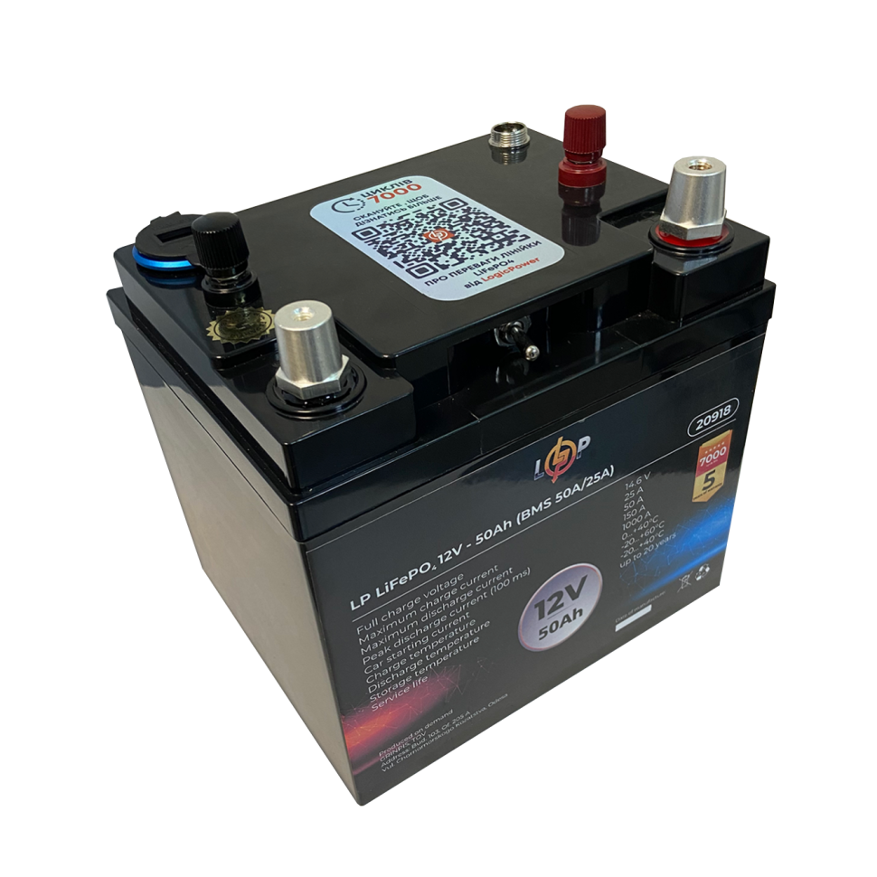 Аккумулятор LiFePО4 LogicPower универсальный с зарядным устройством 12V (12,8V) - 50 Ah (640Wh) (BMS 50A/25А) пластик Аккумулятор LiFePО4 LogicPower универсальный с зарядным устройством 12V (12,8V) - 50 Ah (640Wh) (BMS 50A/25А) пластик