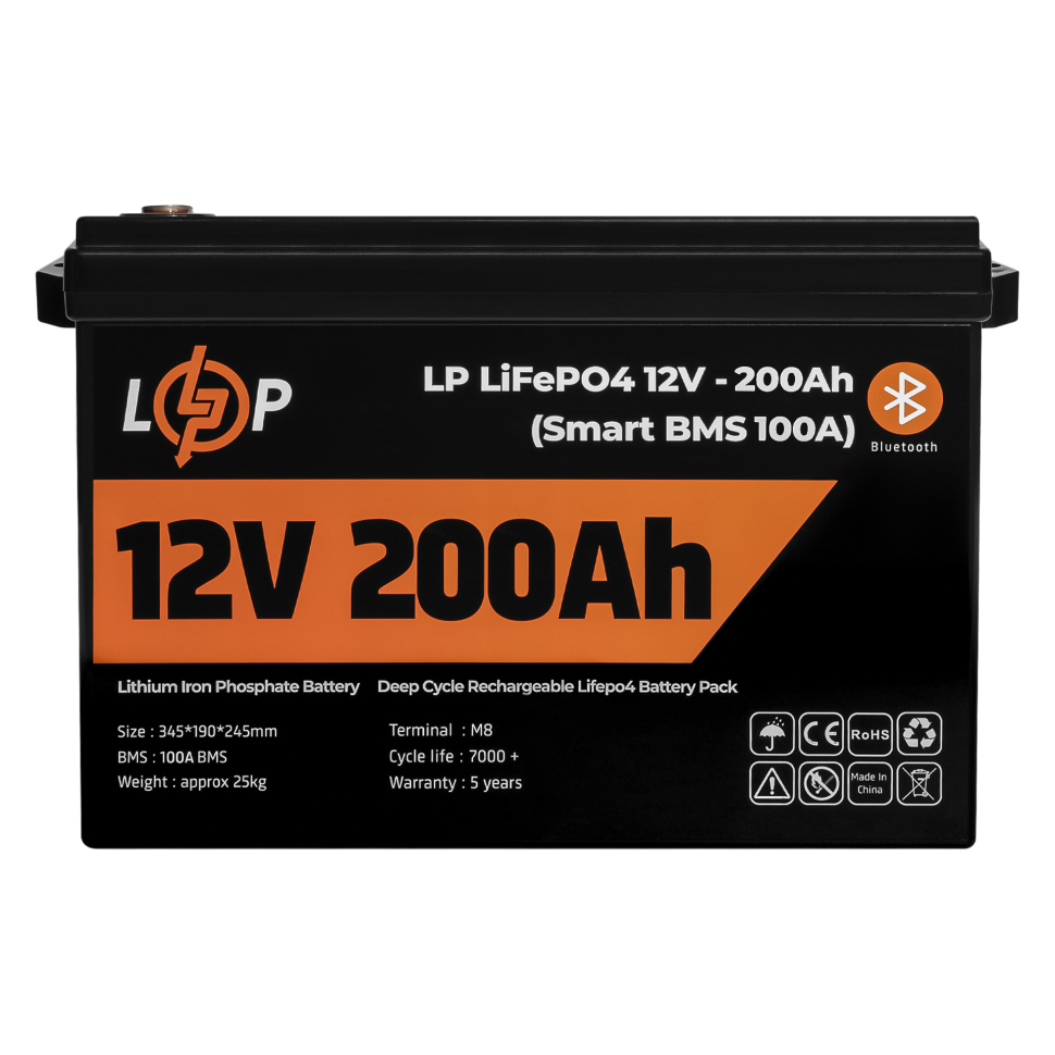 Аккумулятор LiFePО4 LogicPower 12V (12,8V) - 200 Ah (2560Wh) (Smart BMS 100А) с BT пластик для ИБП Аккумулятор LiFePО4 LogicPower 12V (12,8V) - 200 Ah (2560Wh) (Smart BMS 100А) с BT пластик для ИБП