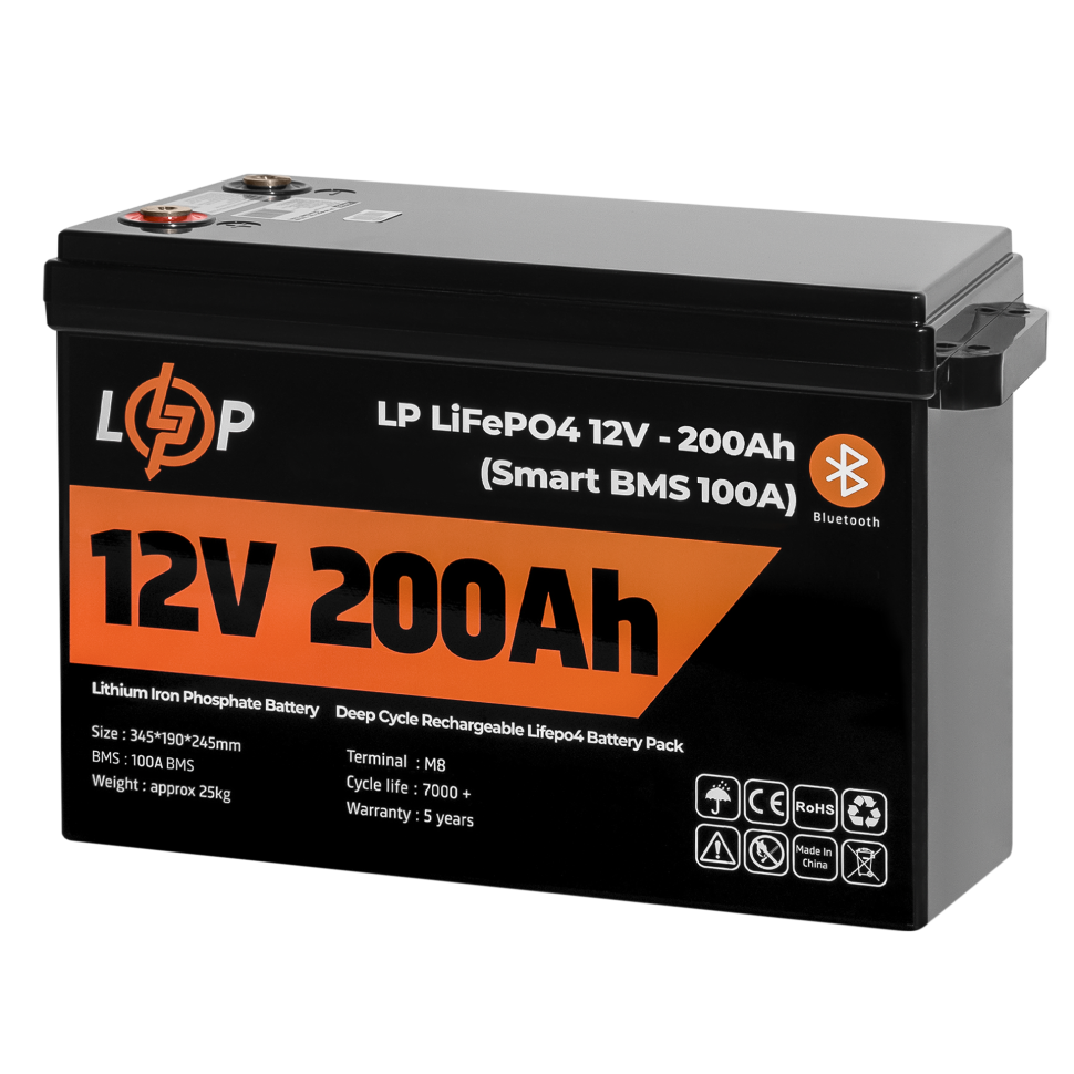 Аккумулятор LiFePО4 LogicPower 12V (12,8V) - 200 Ah (2560Wh) (Smart BMS 100А) с BT пластик для ИБП Аккумулятор LiFePО4 LogicPower 12V (12,8V) - 200 Ah (2560Wh) (Smart BMS 100А) с BT пластик для ИБП