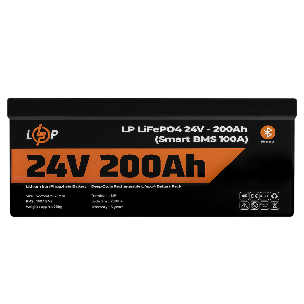 Аккумулятор LiFePО4 LogicPower 24V (25,6V) - 200 Ah (5120Wh) (Smart BMS 100А) с BT пластик для ИБП Аккумулятор LiFePО4 LogicPower 24V (25,6V) - 200 Ah (5120Wh) (Smart BMS 100А) с BT пластик для ИБП