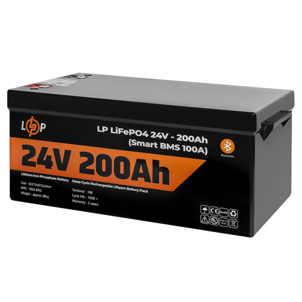 Аккумулятор LiFePО4 LogicPower 24V (25,6V) - 200 Ah (5120Wh) (Smart BMS 100А) с BT пластик для ИБП Аккумулятор LiFePО4 LogicPower 24V (25,6V) - 200 Ah (5120Wh) (Smart BMS 100А) с BT пластик для ИБП