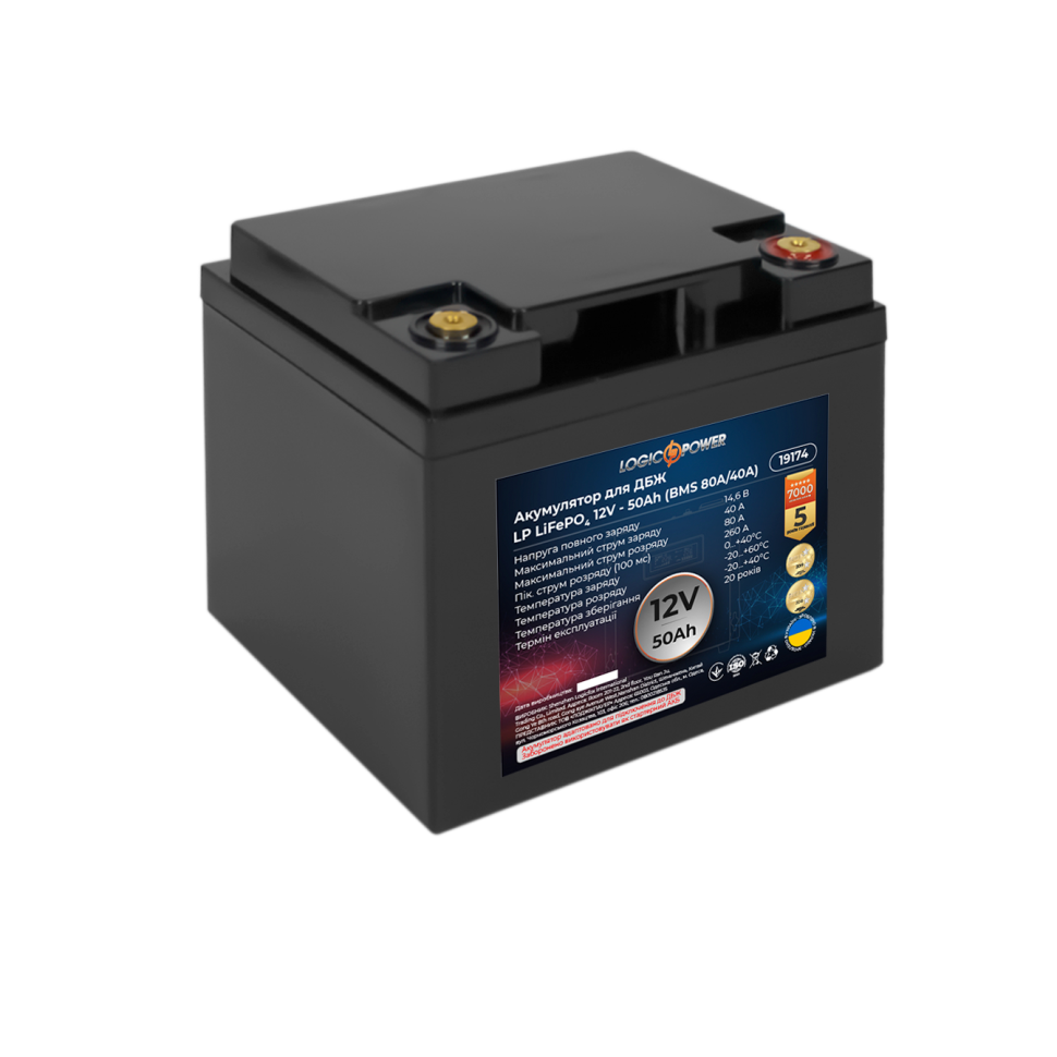 Аккумулятор LiFePО4 LogicPower 12V (12,8V) - 50 Ah (640Wh) (BMS 80A/40A) пластик для ИБП Аккумулятор LiFePО4 LogicPower 12V (12,8V) - 50 Ah (640Wh) (BMS 80A/40A) пластик для ИБП