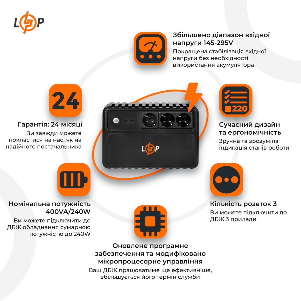 Линейно-интерактивный ИБП LP-400VA-3PS (240Вт) Линейно-интерактивный ИБП LP-400VA-3PS (240Вт)